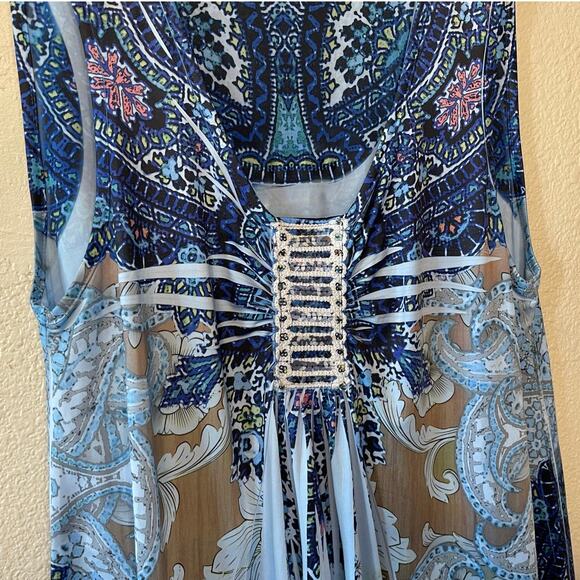 One World Live & Let Live Embroidered Printed Boho Blue Handkerchief Hem Tank M - Picture 8 of 13